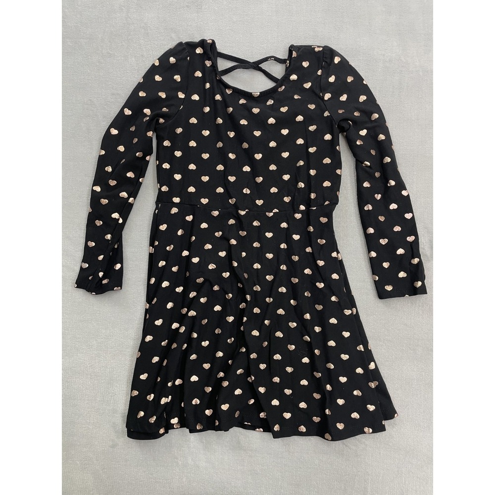 Epic Threads Dress Girls Size 6 Black Gold Heart Print Long Sleeve Fit & Flare